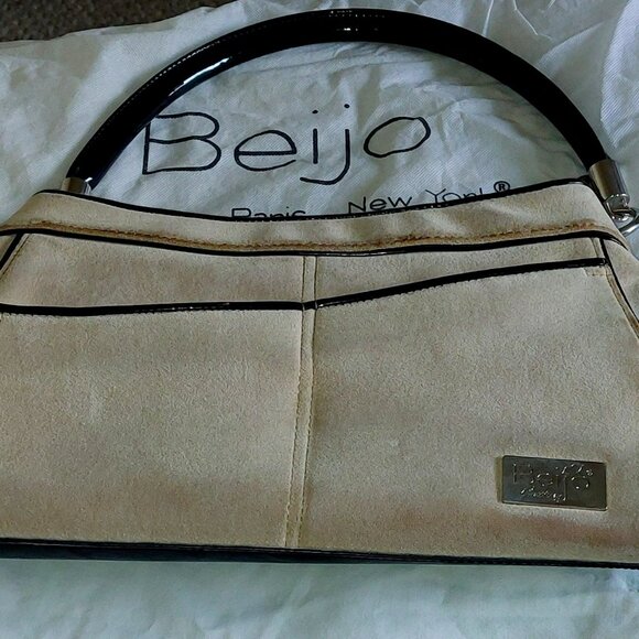 Beijo Tan Suede Shoulder Bag with Black Vinyl Trim - Picture 1 of 4